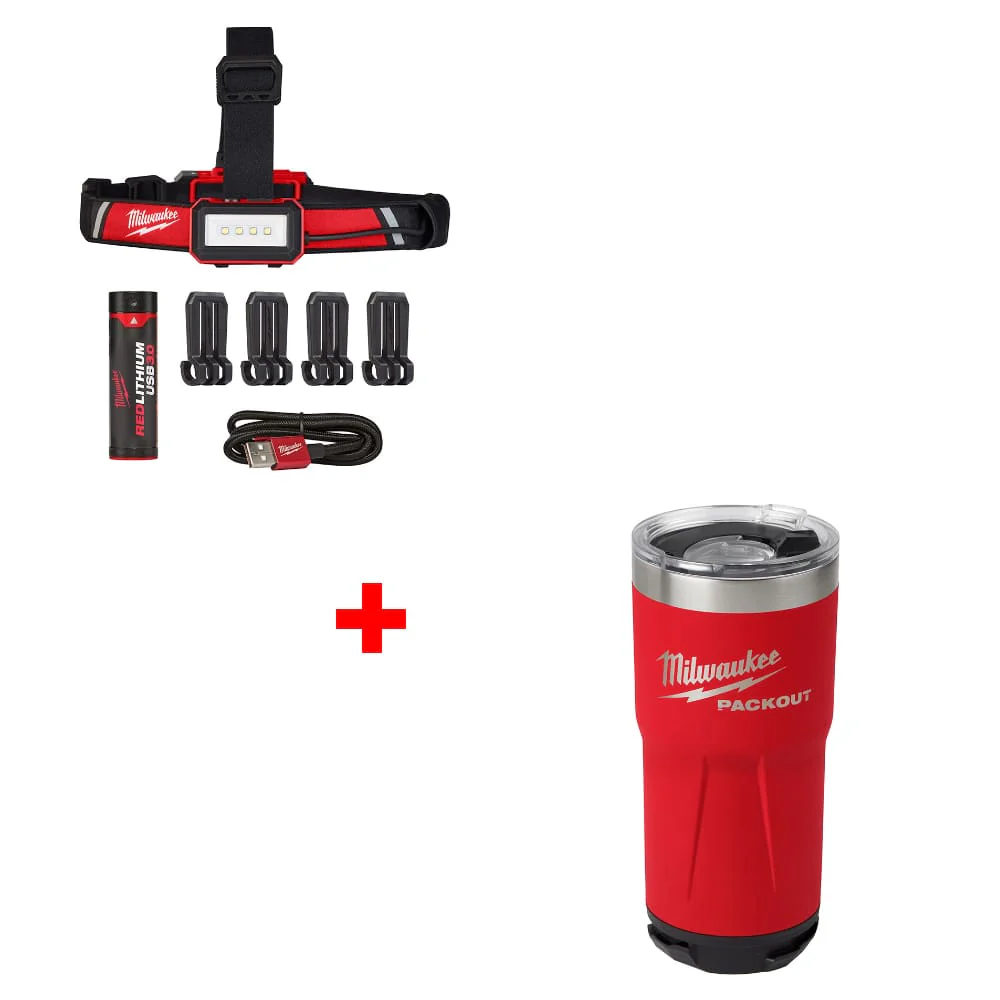 Milwaukee 2115-21 USB Rechargeable Headlamp w/ FREE 48-22-8392R 20oz Red Tumbler - Mactool Shop